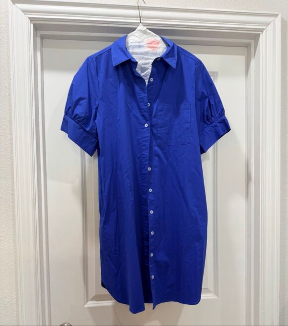 No Brand Dresses & Skirts - Royal Blue Short Sleeve Button Front Shirt Dress Midi Pocket Size S
